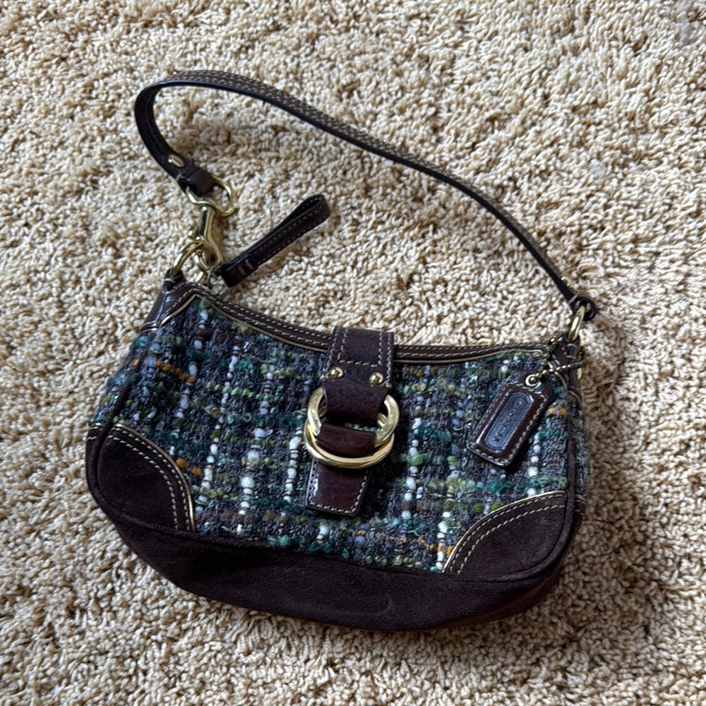 Coach Brown and Green Tweed and Suede Women's Bag